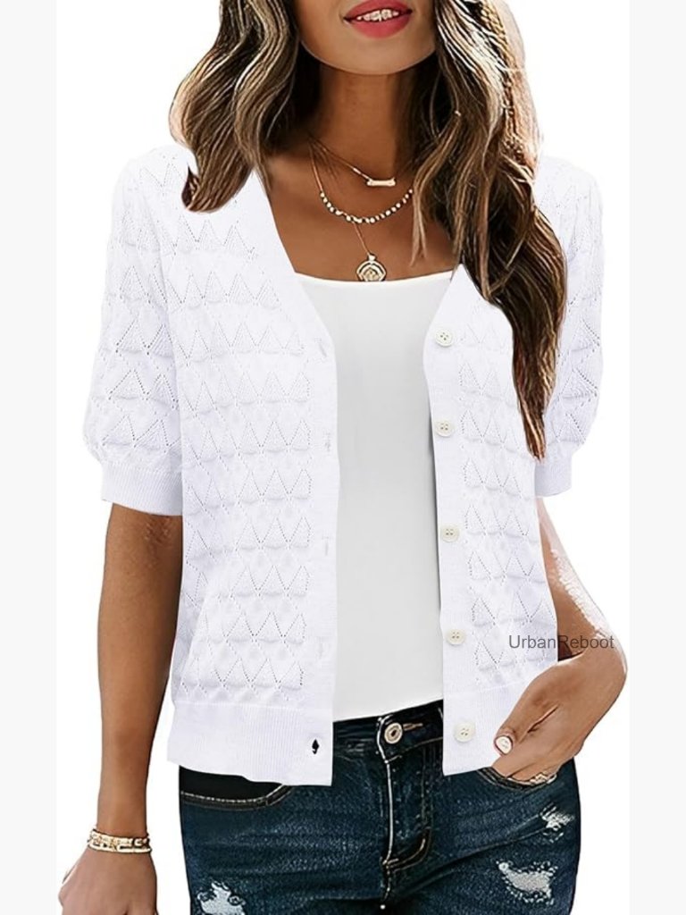 Short Sleeve Crochet Knit Shrug Cardigan Lightweight Open Front